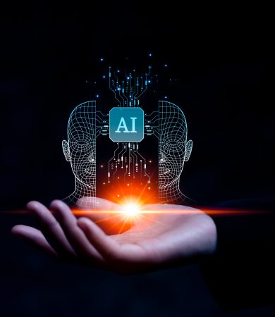 Visual representation of AI as a defence tool, showing digital human profiles connected through AI technology, with a protective light emerging from a hand.