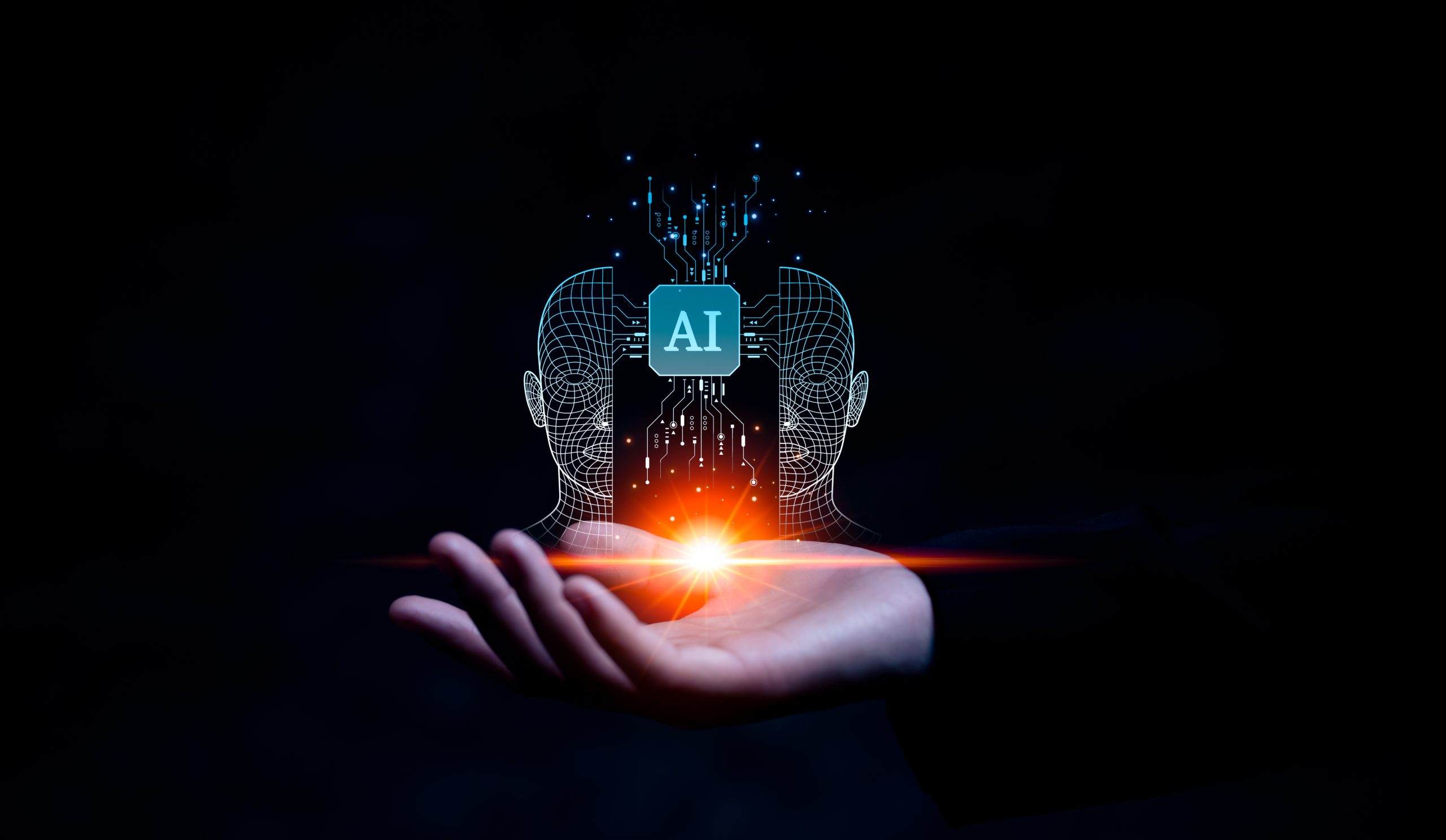 Visual representation of AI as a defence tool, showing digital human profiles connected through AI technology, with a protective light emerging from a hand.
