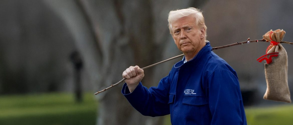 Donald Trump dressed as a working-class wanderer, carrying a bindle with a Tesla logo, symbolising the fall of once-powerful brands.